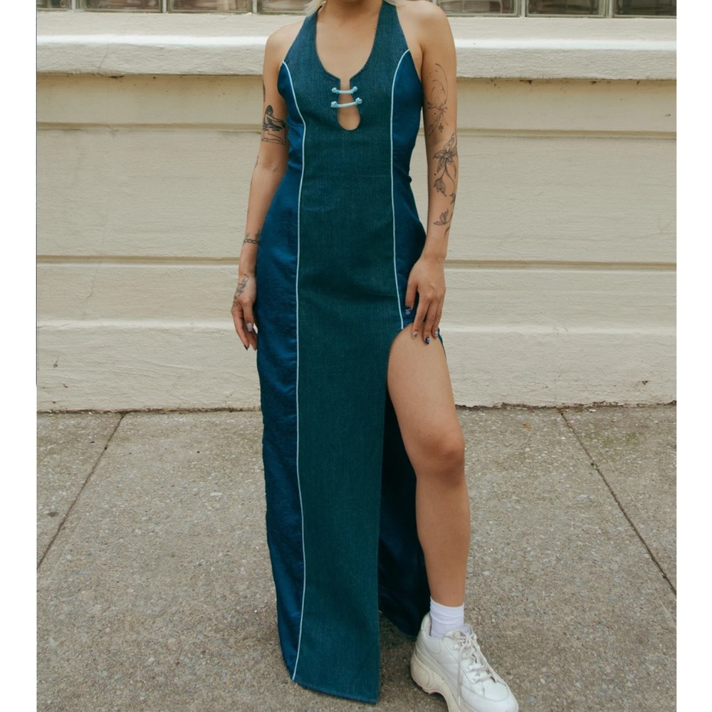 Denim/Brocade Maxi Dress with Slit